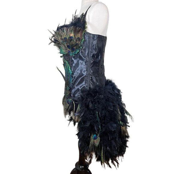 Fantasy Masquerade Peacock Feather Corset Dress Burlesque Gothic Steampunk Hi Lo - Picture 5 of 16